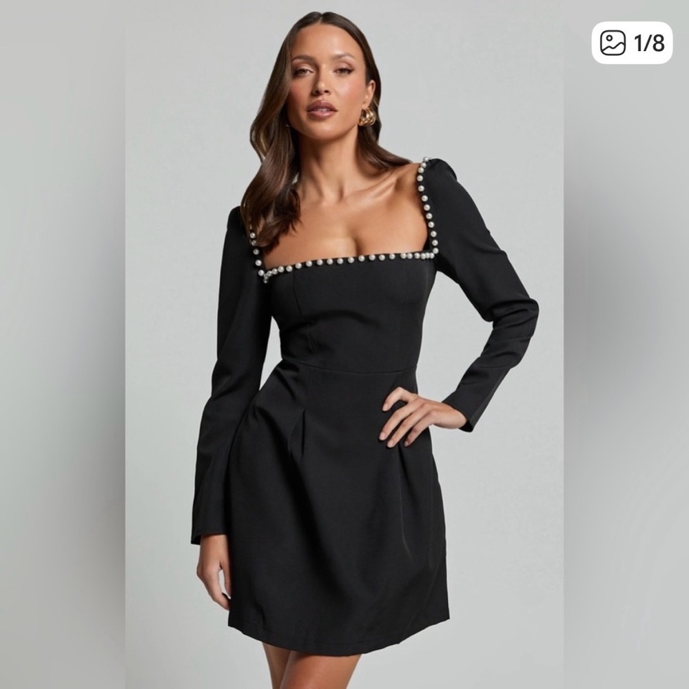 Francesca's Collections Audrey Parks Black Square-Neck Pearl-Trim Mini Dress